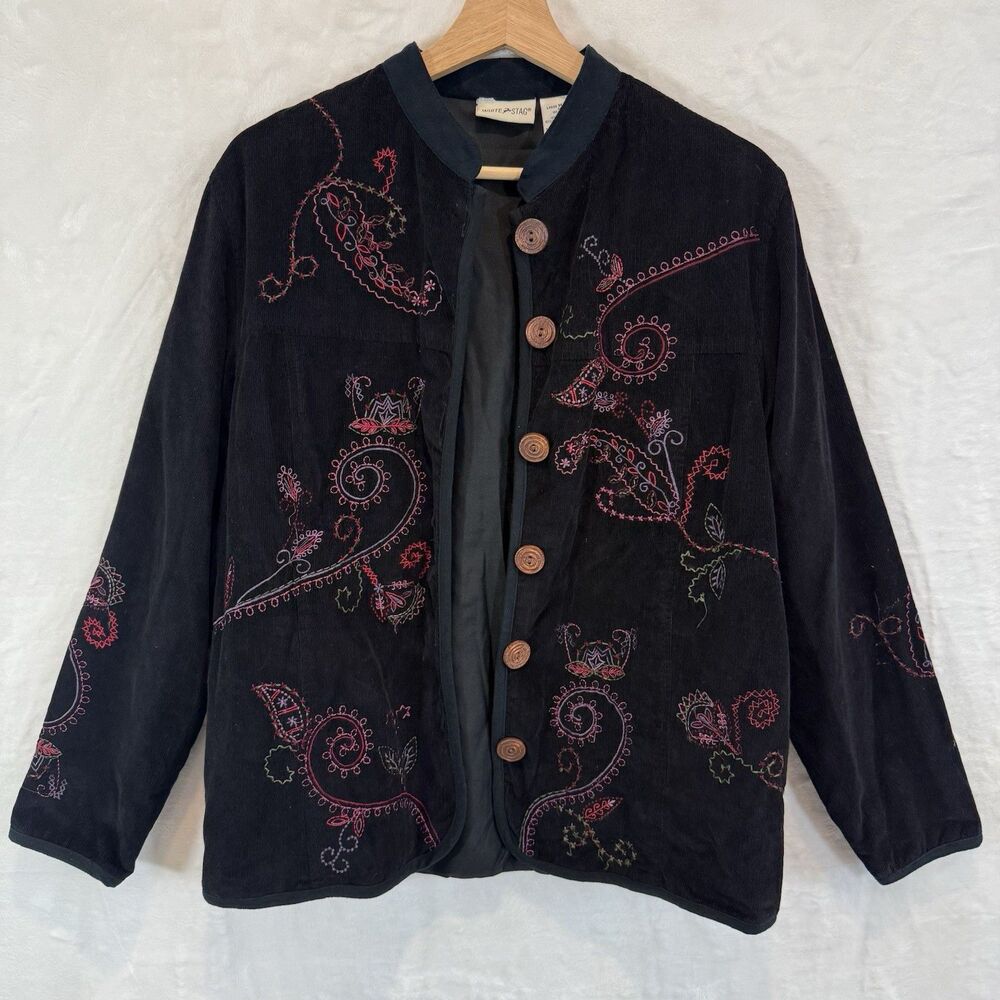 VTG Corduroy Jacket Black Grandma Embroidered Floral Boho Hippie 90s y2k